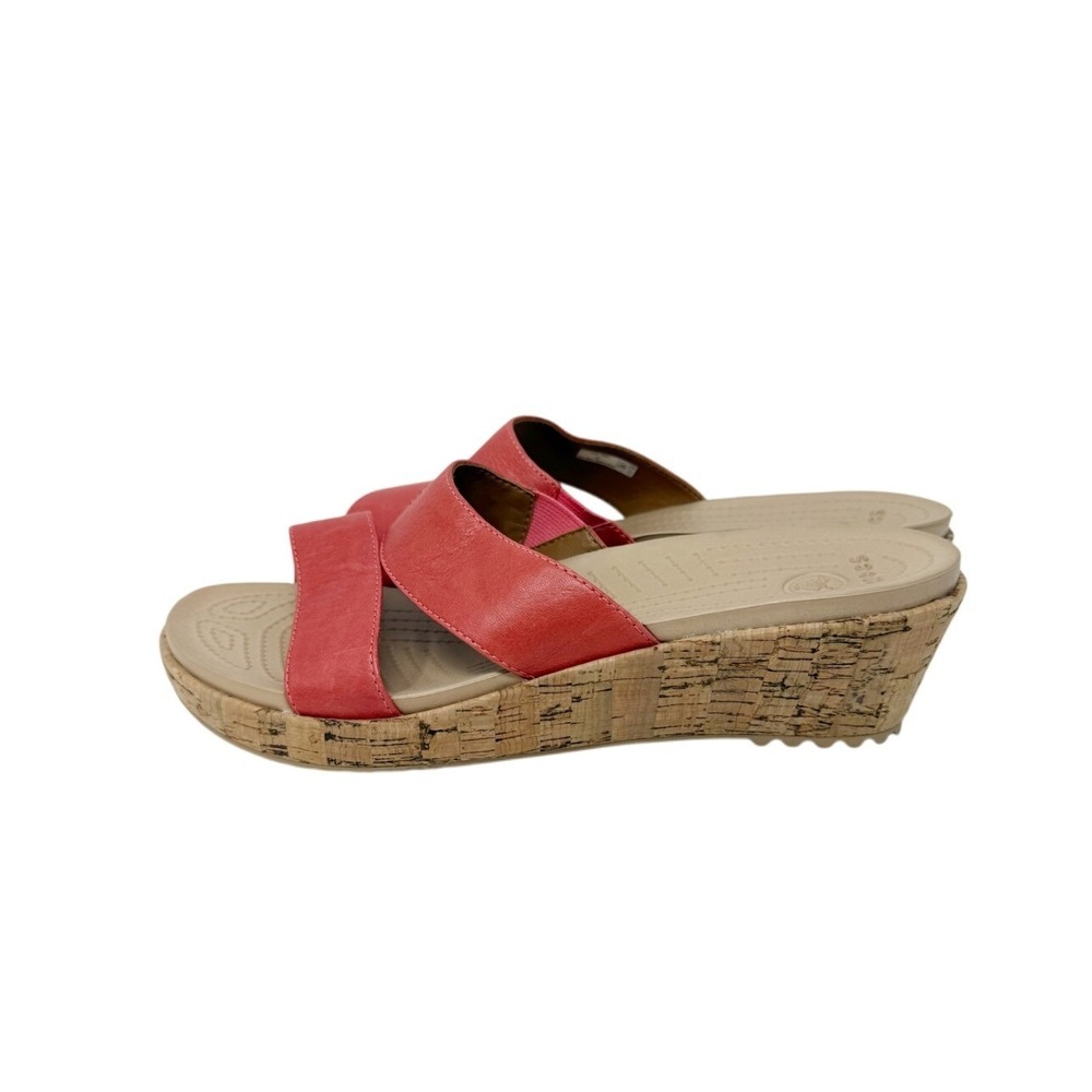 Crocs Womens A-Leigh Leather Mini Wedge Double Strap Sandal Orange 8 - Picture 9 of 13